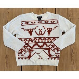 Wrangler Retro White Burnt Orange Cropped Sweater Longhorns Horseshoes Western S